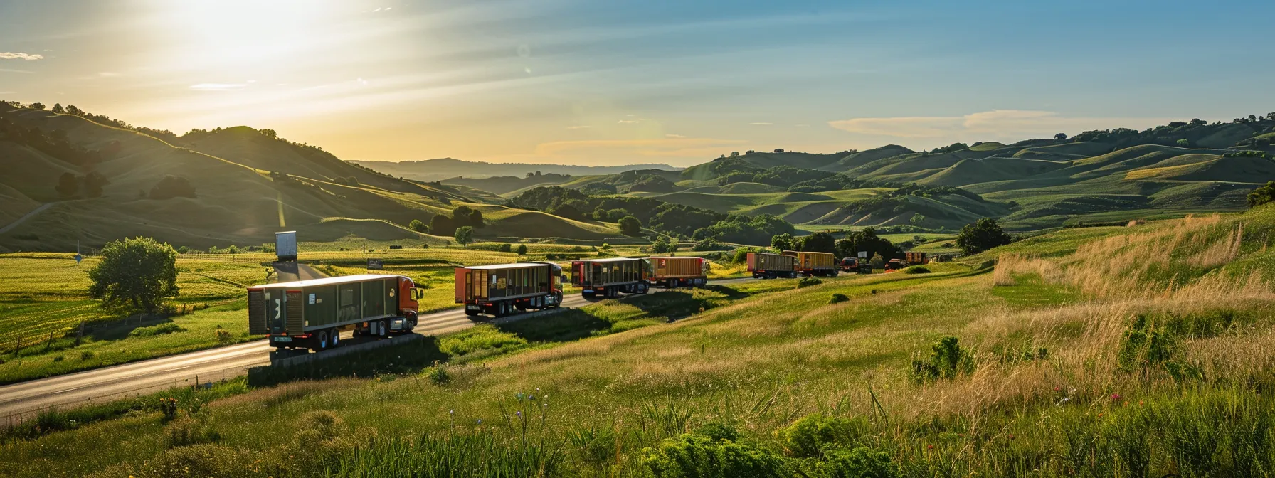 Mobile home moving trucks lined up on a rural road with rolling hills and sunset lighting, emphasizing local mobile home relocation services.