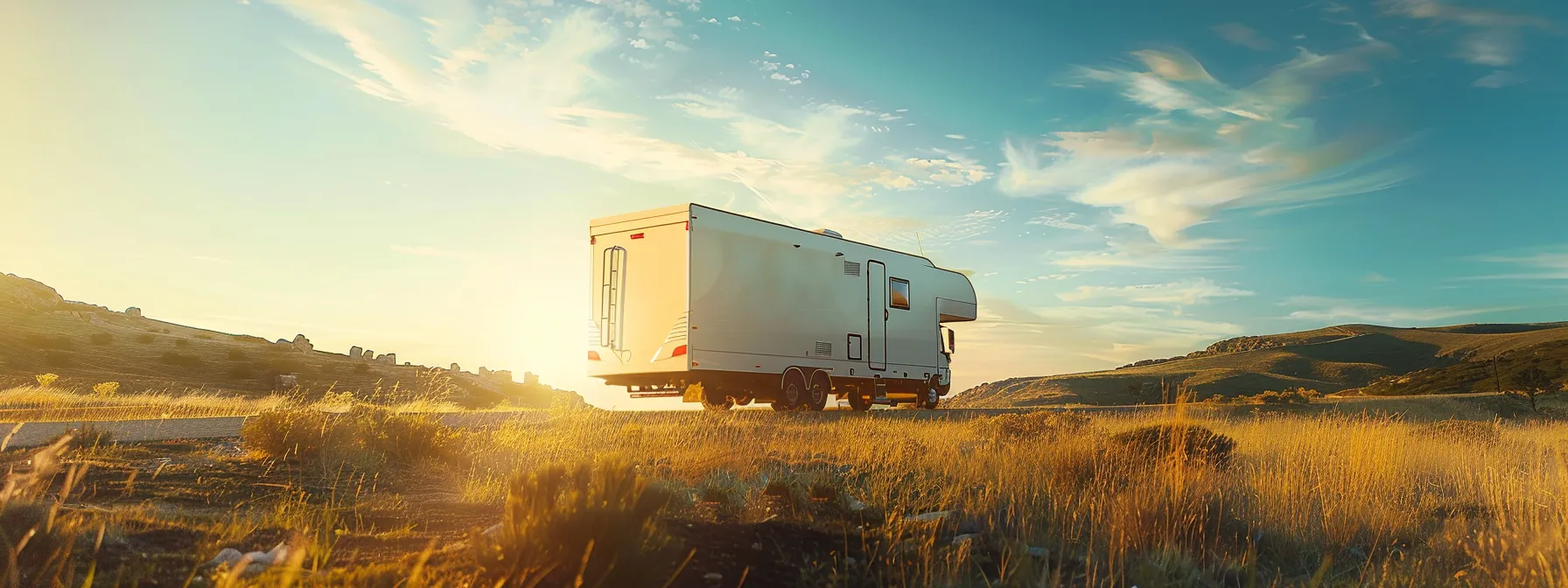 a powerful mobile home being skillfully maneuvered through a sunlit landscape, showcasing the precision and expertise of professional movers against a backdrop of expansive blue skies.