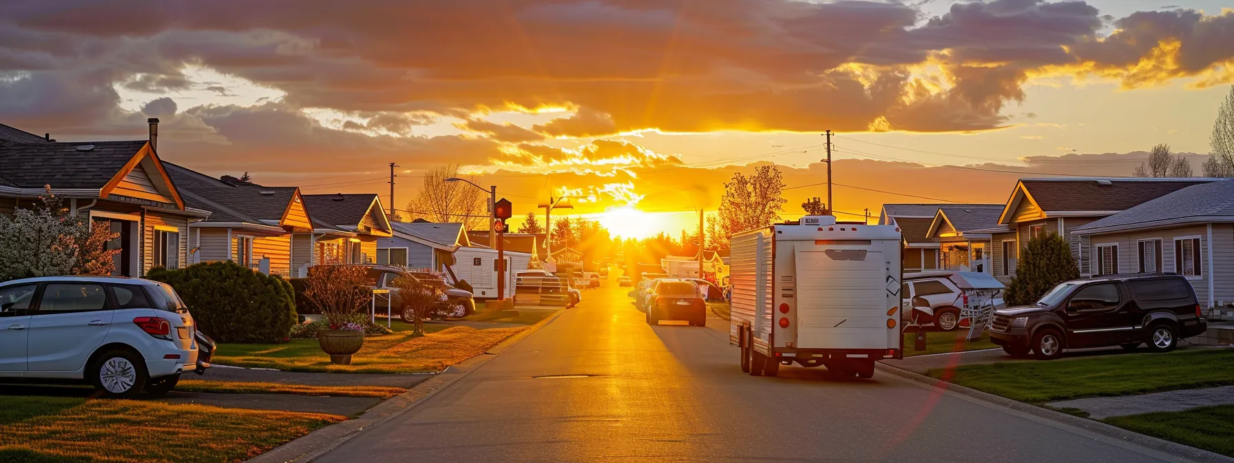 a vibrant sunset casts warm hues over a bustling scene of mobile home movers expertly navigating their trucks through a suburban neighborhood, showcasing the dynamic energy of relocation.