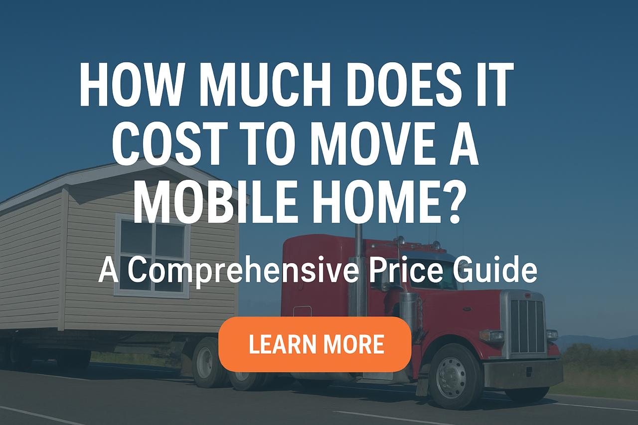 Red semi-truck hauling a beige mobile home with text overlay promoting a comprehensive mobile home moving cost guide