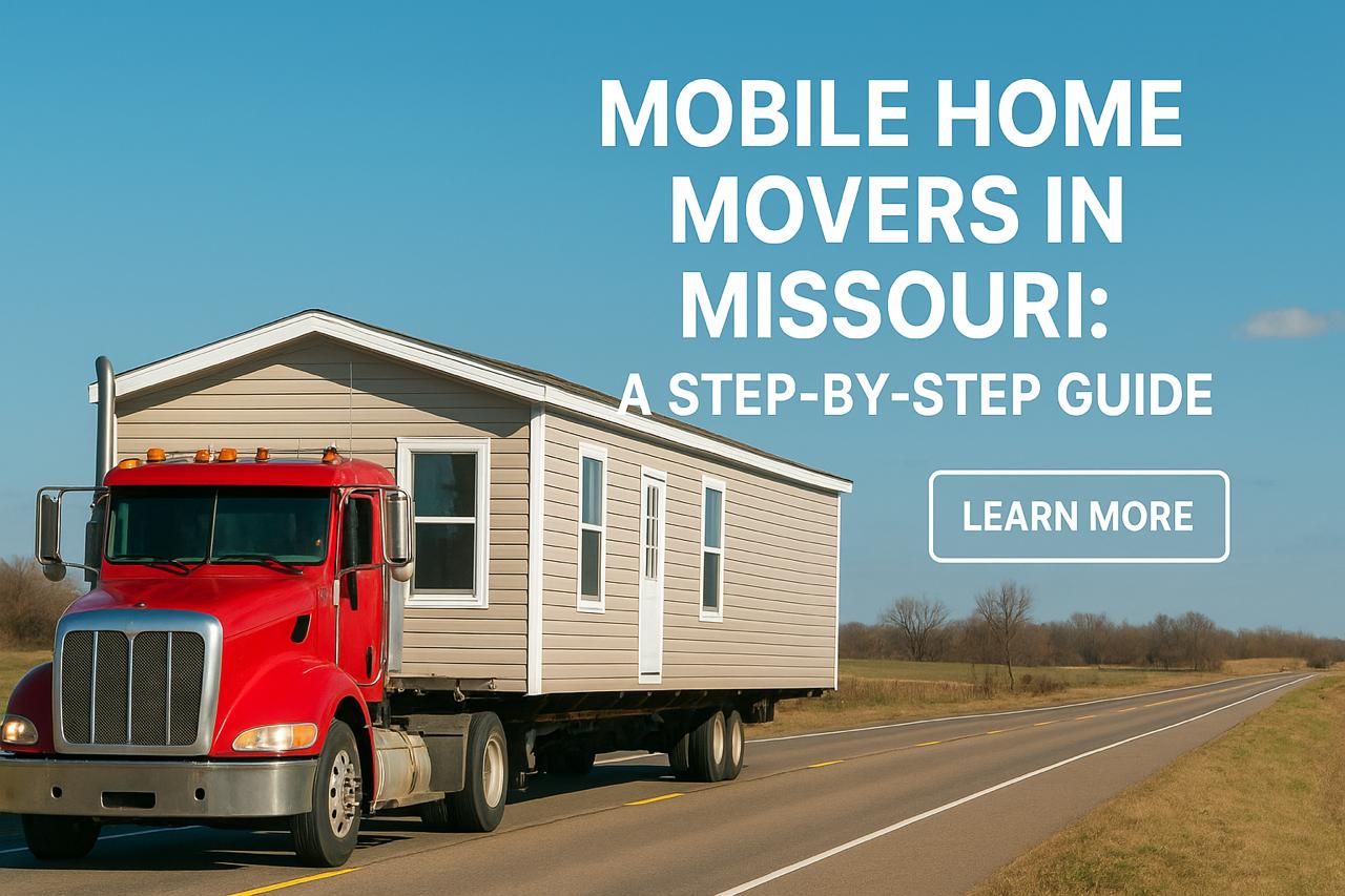 Red semi-truck transporting a beige mobile home along a Missouri highway under a clear sky with text promoting a step-by-step moving guide.