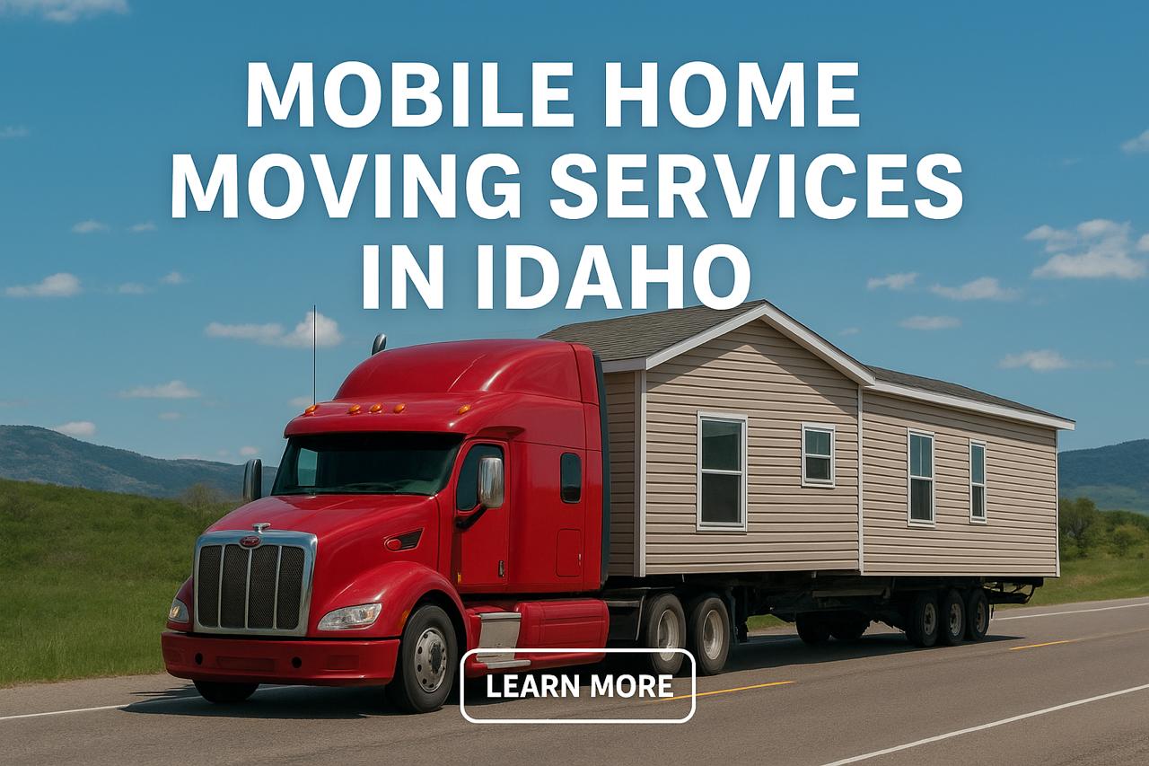 Red Peterbilt truck hauling a beige mobile home on an Idaho highway with bold text promoting mobile home moving services.