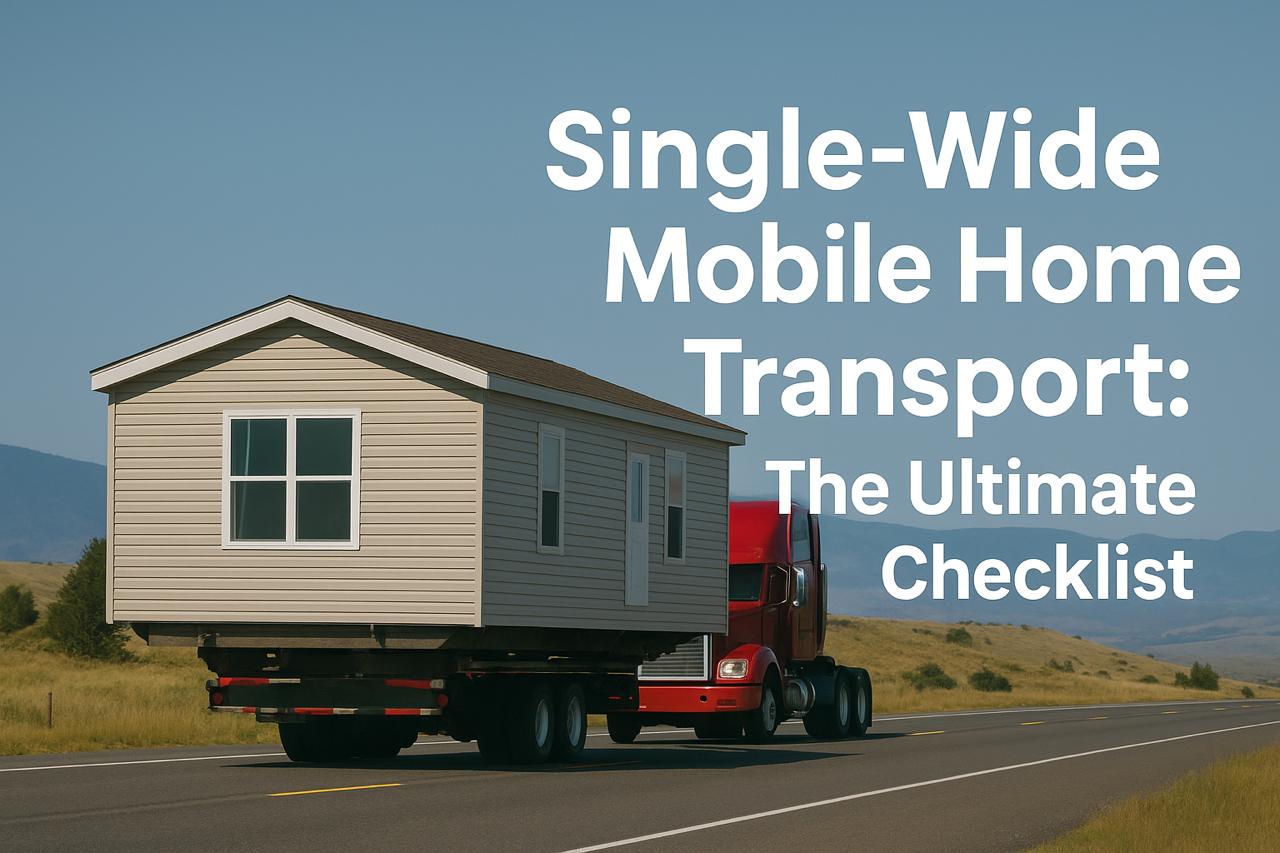Red semi-truck transporting a beige single-wide mobile home on a rural highway under a clear blue sky.