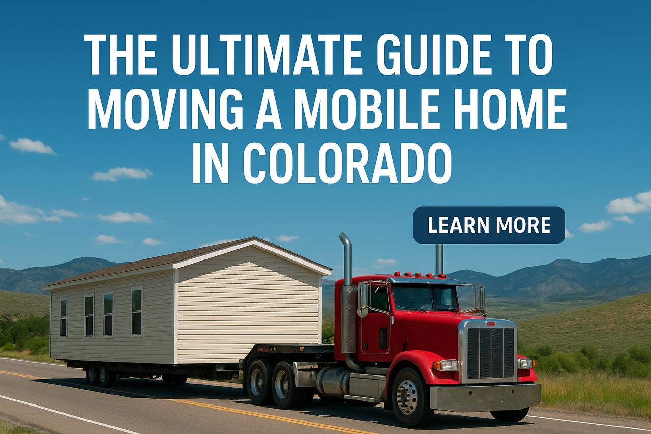 Red semi-truck hauling a beige mobile home along a Colorado highway with bold text promoting a relocation guide.