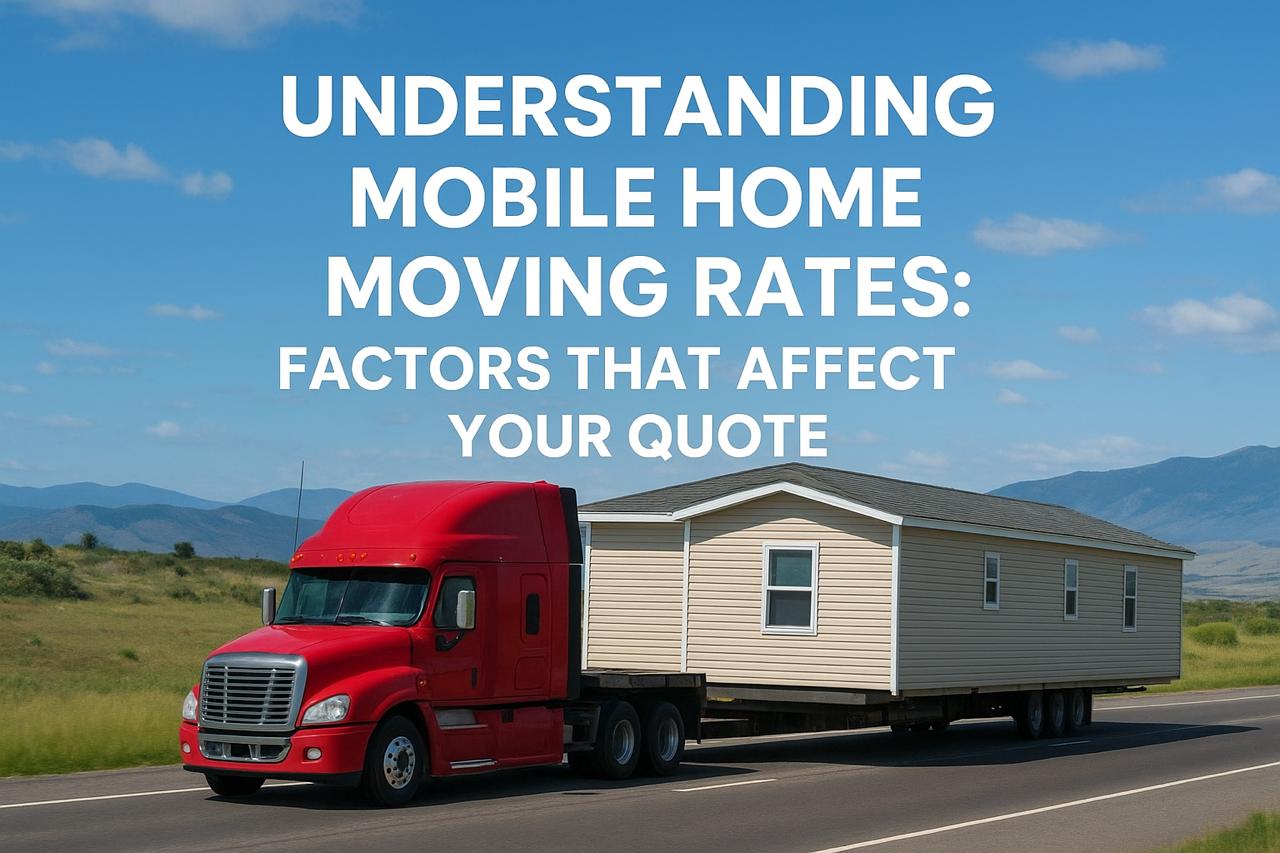 Red semi-truck hauling a beige mobile home with text overlay explaining factors that affect mobile home moving quotes