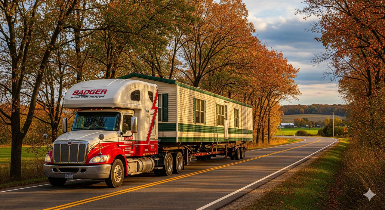 A professional mobile home moving truck transports a double-wide mobile home down a scenic, tree-lined road in rural Wisconsin